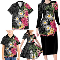 Hawaiian Tropical Flowers and Tribal Turtles Family Matching Long Sleeve Bodycon Dress and Hawaiian Shirt Polynesian Art Motifs Black Color LT03 - Polynesian Pride