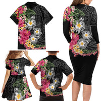 Hawaiian Tropical Flowers and Tribal Turtles Family Matching Long Sleeve Bodycon Dress and Hawaiian Shirt Polynesian Art Motifs Black Color LT03 - Polynesian Pride