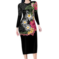 Hawaiian Tropical Flowers and Tribal Turtles Family Matching Long Sleeve Bodycon Dress and Hawaiian Shirt Polynesian Art Motifs Black Color LT03 Mom's Dress Black - Polynesian Pride