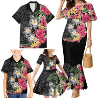 Hawaiian Tropical Flowers and Tribal Turtles Family Matching Mermaid Dress and Hawaiian Shirt Polynesian Art Motifs Black Color LT03 - Polynesian Pride