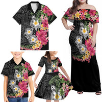 Hawaiian Tropical Flowers and Tribal Turtles Family Matching Off Shoulder Maxi Dress and Hawaiian Shirt Polynesian Art Motifs Black Color LT03 - Polynesian Pride