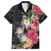 Hawaiian Tropical Flowers and Tribal Turtles Family Matching Off Shoulder Short Dress and Hawaiian Shirt Polynesian Art Motifs Black Color LT03 Dad's Shirt - Short Sleeve Black - Polynesian Pride