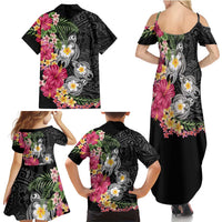 Hawaiian Tropical Flowers and Tribal Turtles Family Matching Summer Maxi Dress and Hawaiian Shirt Polynesian Art Motifs Black Color LT03 - Polynesian Pride