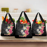 Hawaiian Tropical Flowers and Tribal Turtles Grocery Bag Polynesian Art Motifs Black Color LT03 3-pack One Size Black - Polynesian Pride