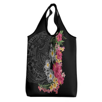 Hawaiian Tropical Flowers and Tribal Turtles Grocery Bag Polynesian Art Motifs Black Color LT03 - Polynesian Pride
