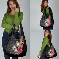Hawaiian Tropical Flowers and Tribal Turtles Grocery Bag Polynesian Art Motifs Black Color LT03 - Polynesian Pride