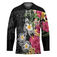 Hawaiian Tropical Flowers and Tribal Turtles Hockey Jersey Polynesian Art Motifs Black Color LT03 Unisex Black - Polynesian Pride