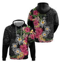 Hawaiian Tropical Flowers and Tribal Turtles Hoodie Polynesian Art Motifs Black Color LT03 - Polynesian Pride
