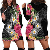 Hawaiian Tropical Flowers and Tribal Turtles Hoodie Dress Polynesian Art Motifs Black Color LT03 - Polynesian Pride