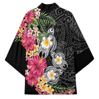 Hawaiian Tropical Flowers and Tribal Turtles Kimono Polynesian Art Motifs Black Color LT03 - Polynesian Pride