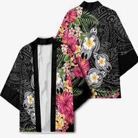 Hawaiian Tropical Flowers and Tribal Turtles Kimono Polynesian Art Motifs Black Color LT03 - Polynesian Pride