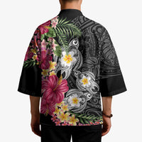 Hawaiian Tropical Flowers and Tribal Turtles Kimono Polynesian Art Motifs Black Color LT03 - Polynesian Pride