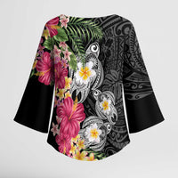 Hawaiian Tropical Flowers and Tribal Turtles Kimono Sleeve Blouse Polynesian Art Motifs Black Color LT03 - Polynesian Pride