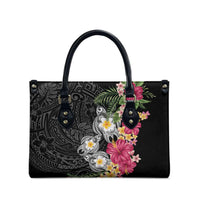 Hawaiian Tropical Flowers and Tribal Turtles Leather Bag Polynesian Art Motifs Black Color LT03 - Polynesian Pride
