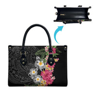 Hawaiian Tropical Flowers and Tribal Turtles Leather Bag Polynesian Art Motifs Black Color LT03 - Polynesian Pride