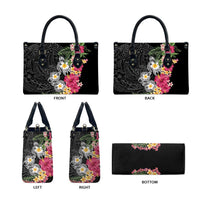 Hawaiian Tropical Flowers and Tribal Turtles Leather Bag Polynesian Art Motifs Black Color LT03 - Polynesian Pride