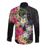 Hawaiian Tropical Flowers and Tribal Turtles Long Sleeve Button Shirt Polynesian Art Motifs Black Color LT03 - Polynesian Pride
