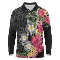 Hawaiian Tropical Flowers and Tribal Turtles Long Sleeve Polo Shirt Polynesian Art Motifs Black Color LT03 Black - Polynesian Pride