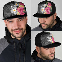 Hawaiian Tropical Flowers and Tribal Turtles Mesh Trucker Cap Polynesian Art Motifs Black Color LT03 - Polynesian Pride