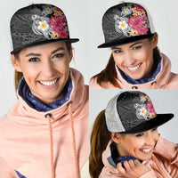 Hawaiian Tropical Flowers and Tribal Turtles Mesh Trucker Cap Polynesian Art Motifs Black Color LT03 - Polynesian Pride