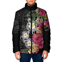 Hawaiian Tropical Flowers and Tribal Turtles Padded Jacket Polynesian Art Motifs Black Color LT03 Men Black - Polynesian Pride