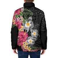 Hawaiian Tropical Flowers and Tribal Turtles Padded Jacket Polynesian Art Motifs Black Color LT03 - Polynesian Pride