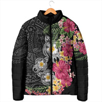 Hawaiian Tropical Flowers and Tribal Turtles Padded Jacket Polynesian Art Motifs Black Color LT03 - Polynesian Pride