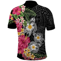 Hawaiian Tropical Flowers and Tribal Turtles Polo Shirt Polynesian Art Motifs Black Color LT03 - Polynesian Pride