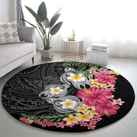 Hawaiian Tropical Flowers and Tribal Turtles Round Carpet Polynesian Art Motifs Black Color LT03 - Polynesian Pride