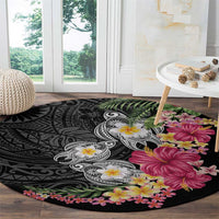 Hawaiian Tropical Flowers and Tribal Turtles Round Carpet Polynesian Art Motifs Black Color LT03 - Polynesian Pride