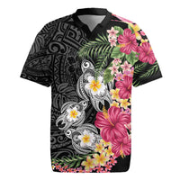 Hawaiian Tropical Flowers and Tribal Turtles Rugby Jersey Polynesian Art Motifs Black Color LT03 Black - Polynesian Pride