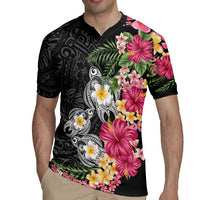 Hawaiian Tropical Flowers and Tribal Turtles Rugby Jersey Polynesian Art Motifs Black Color LT03 - Polynesian Pride