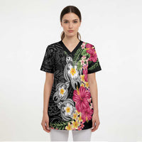 Hawaiian Tropical Flowers and Tribal Turtles Scrub Top Polynesian Art Motifs Black Color LT03 - Polynesian Pride