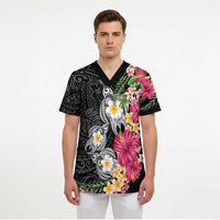 Hawaiian Tropical Flowers and Tribal Turtles Scrub Top Polynesian Art Motifs Black Color LT03 - Polynesian Pride