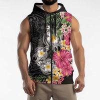 Hawaiian Tropical Flowers and Tribal Turtles Sleeveless Zip Hoodie Polynesian Art Motifs Black Color LT03 - Polynesian Pride