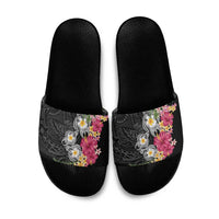 Hawaiian Tropical Flowers and Tribal Turtles Slide Sandals Polynesian Art Motifs Black Color LT03 Black - Polynesian Pride