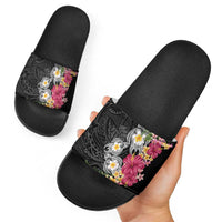 Hawaiian Tropical Flowers and Tribal Turtles Slide Sandals Polynesian Art Motifs Black Color LT03 - Polynesian Pride