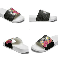 Hawaiian Tropical Flowers and Tribal Turtles Slide Sandals Polynesian Art Motifs Black Color LT03 - Polynesian Pride
