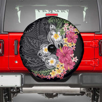 Hawaiian Tropical Flowers and Tribal Turtles Spare Tire Cover Polynesian Art Motifs Black Color LT03 - Polynesian Pride