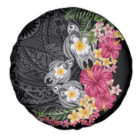 Hawaiian Tropical Flowers and Tribal Turtles Spare Tire Cover Polynesian Art Motifs Black Color LT03 - Polynesian Pride