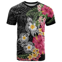 Hawaiian Tropical Flowers and Tribal Turtles T Shirt Polynesian Art Motifs Black Color LT03 Black - Polynesian Pride