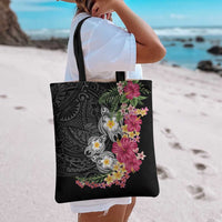 Hawaiian Tropical Flowers and Tribal Turtles Tote Bag Polynesian Art Motifs Black Color LT03 - Polynesian Pride