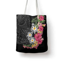Hawaiian Tropical Flowers and Tribal Turtles Tote Bag Polynesian Art Motifs Black Color LT03 - Polynesian Pride