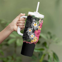 Hawaiian Tropical Flowers and Tribal Turtles Tumbler With Handle - Polynesian Art Motifs Black LT03 - Polynesian Pride