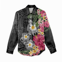 Hawaiian Tropical Flowers and Tribal Turtles Women Casual Shirt Polynesian Art Motifs Black Color LT03 - Polynesian Pride
