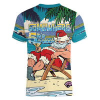 Mele Kalikimaka Hawaii It's 5 o'clock Somewhere Women V-Neck T-Shirt Funny Lazy Santa Claus Chilling with Cocktail LT03 - Polynesian Pride