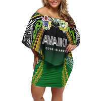 Custom Cook Islands Rugby League Family Matching Off Shoulder Short Dress and Hawaiian Shirt Avaiki Tatau Tribal Motifs Black Color LT03 Mom's Dress Black - Polynesian Pride
