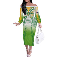 Custom Cook Islands Rugby League Off The Shoulder Long Sleeve Dress Avaiki Tatau Tribal Motifs White Color LT03 Women White - Polynesian Pride