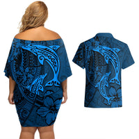 Polynesian Dolphin Valentine Day Couples Matching Off Shoulder Short Dress and Hawaiian Shirt Hibiscus and Tribal Tattoo Blue Style LT03 - Polynesian Pride