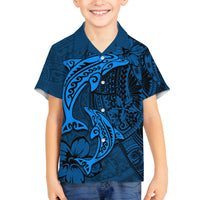 Polynesian Dolphin Valentine Day Family Matching Tank Maxi Dress and Hawaiian Shirt Hibiscus and Tribal Tattoo Blue Style LT03 Son's Shirt Blue - Polynesian Pride